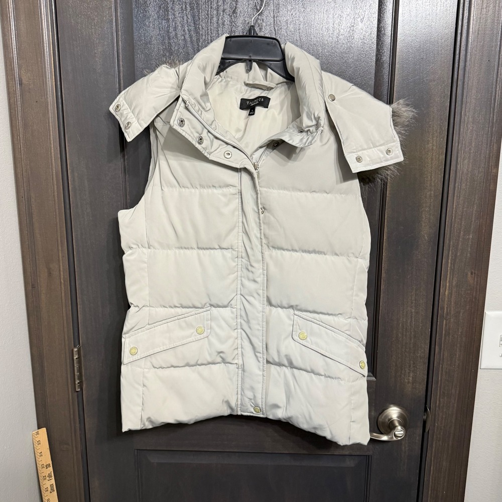 Talbots Women Light Gray Down Puffer Vest Removable Faux Fur Hood Size S